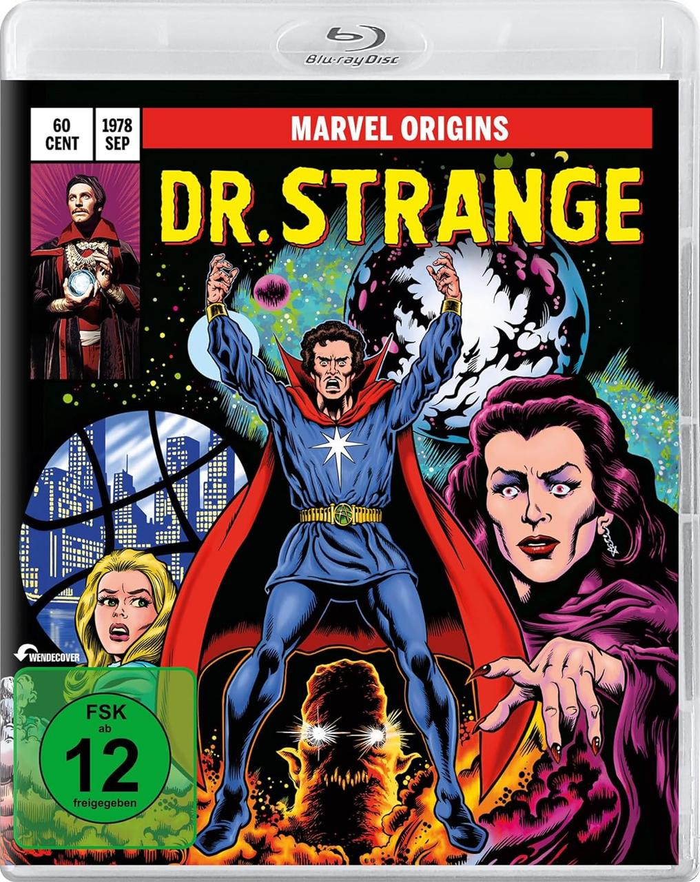 DVD-Cover von Dr. Strange. Comic-Stil-Bild mit Mann in blauem Kostüm.