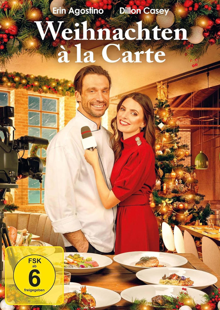 Weihnachten à la Carte Filmplakat. Paar in einer Küche, mit Essen auf dem Tisch.