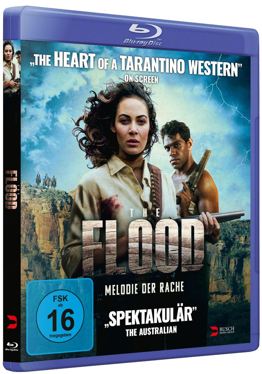 Filmcover. Frau, Mann mit Gewehr, Titel 'THE FLOOD'. Blaue Blu-ray-Hülle.