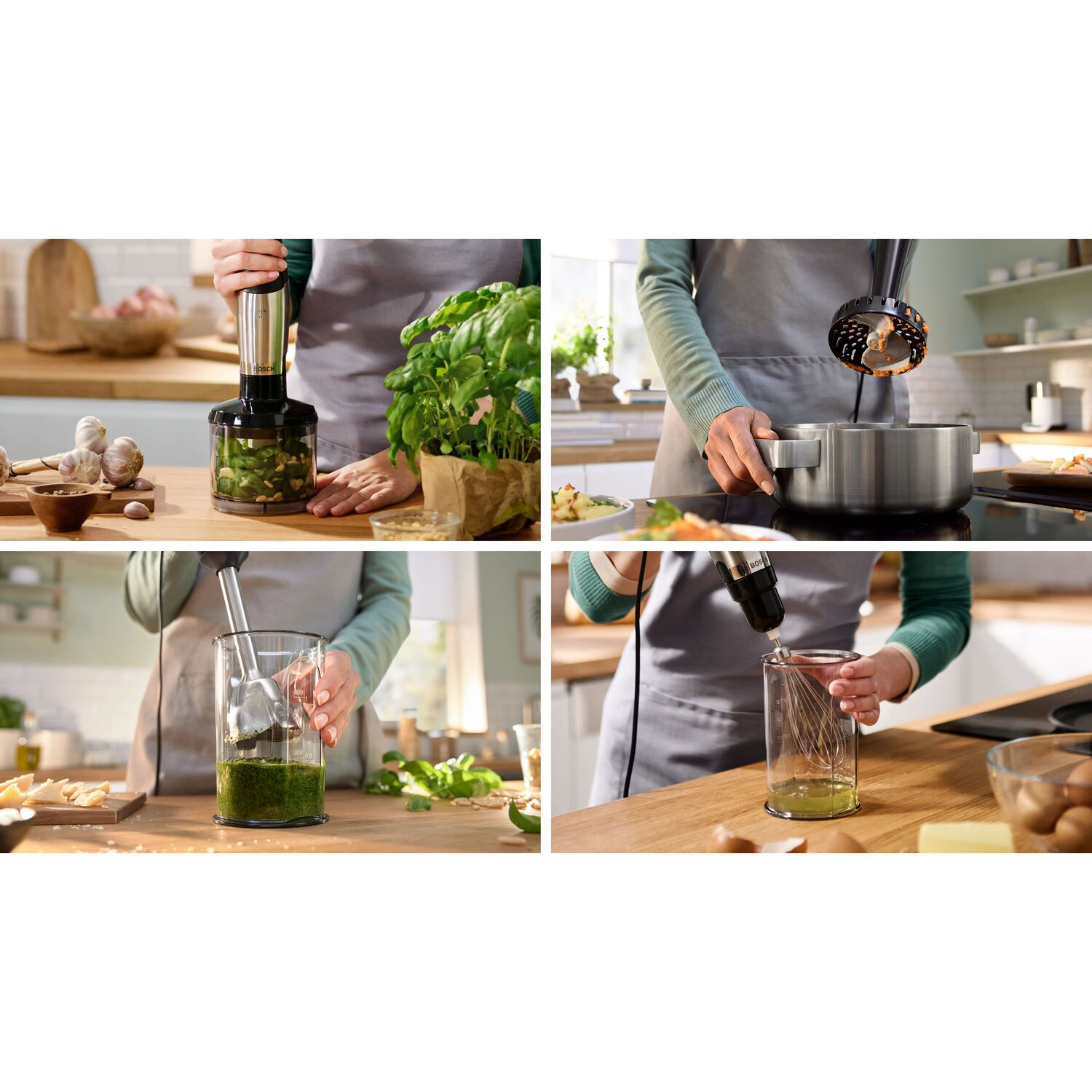 Four images showing food preparation with an immersion blender. Ingredients and hands are visible.