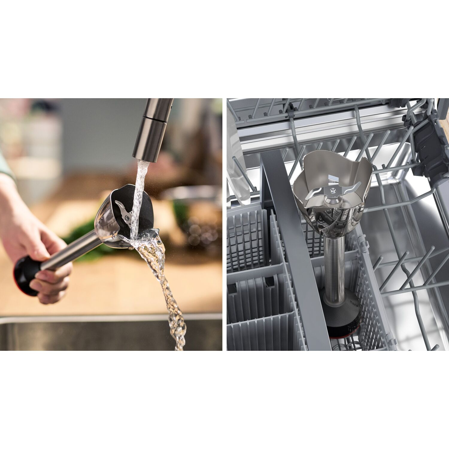 Hand holding a silver immersion blender under a faucet with water pouring into it.