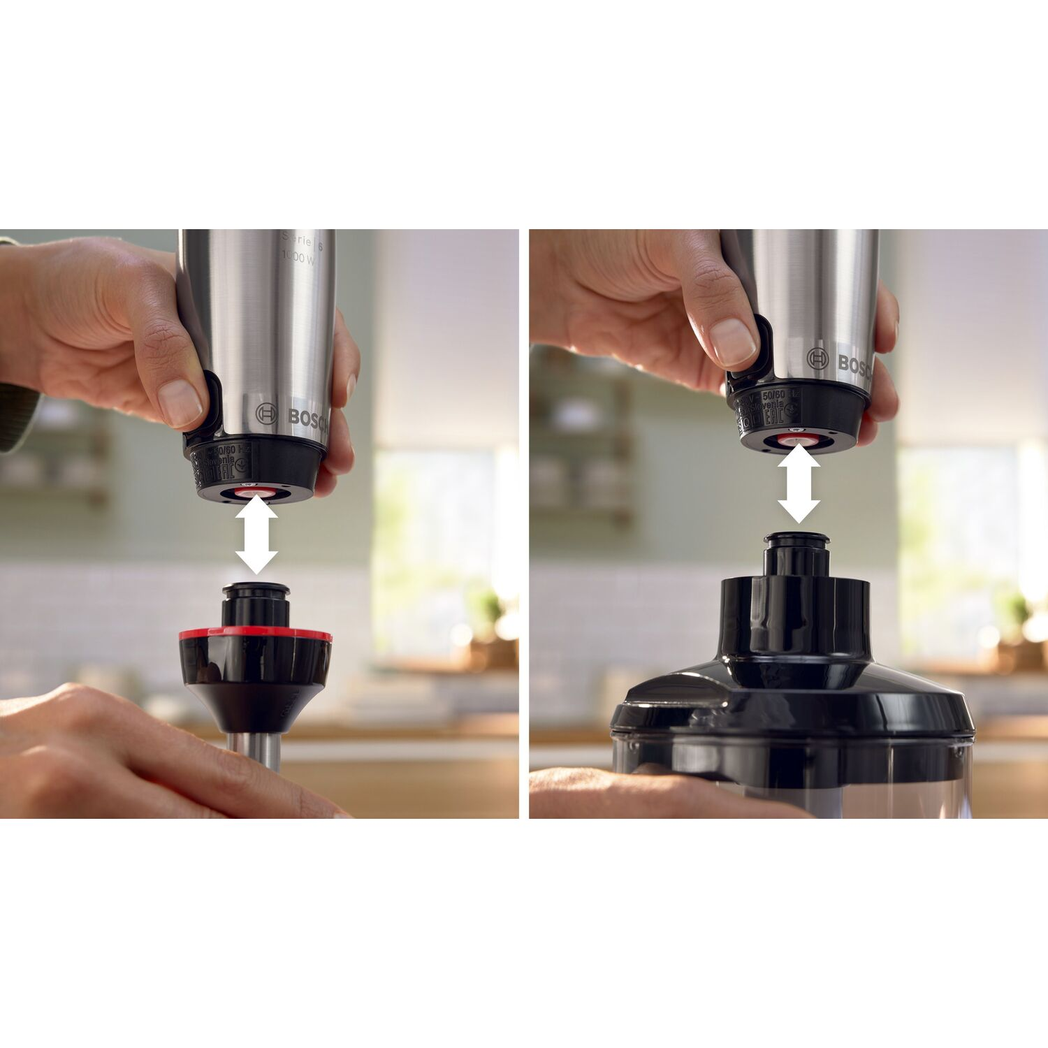 Hands assembling a Bosch hand blender, close up, showing the attachment process.
