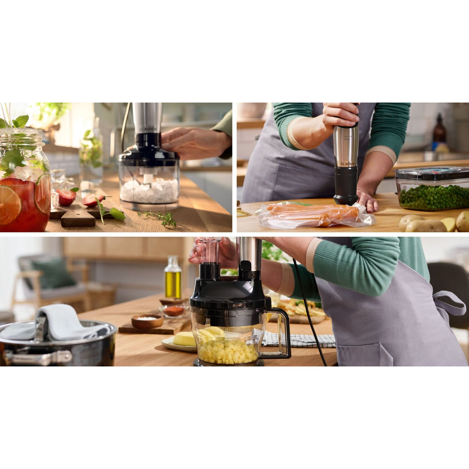 Multiple images of a food processor in use, blending and chopping ingredients.