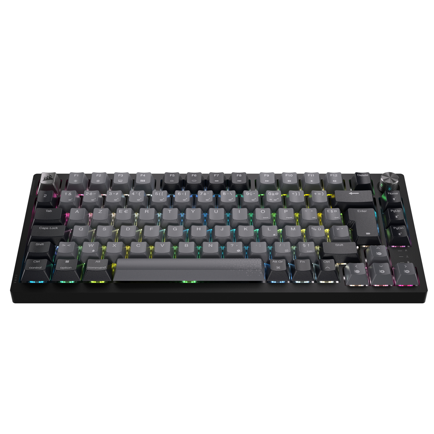 Black keyboard with illuminated keys. Top view, white background.