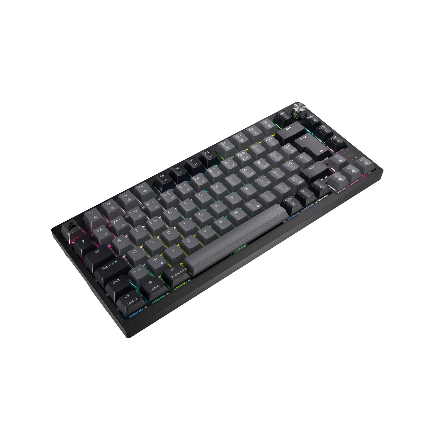 Close-up on a gray keyboard, with a large trackpad and several keys.