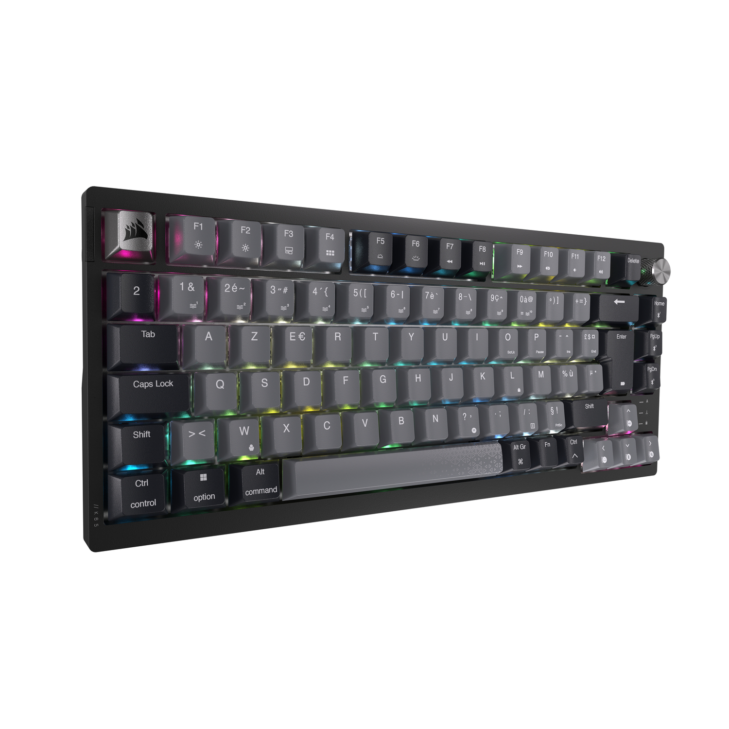 Black keyboard with colorful keys, light effects, and a silver control wheel.