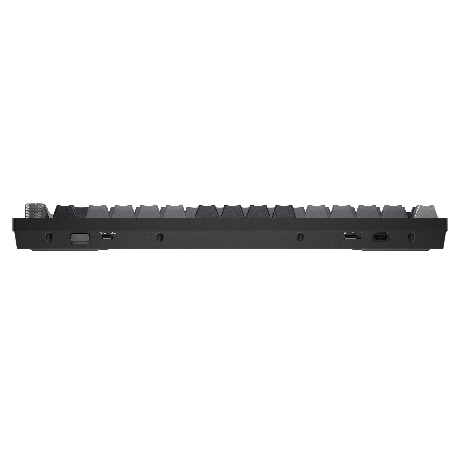 A black mechanical keyboard. It has a row of keys, a volume wheel and USB-C port on the side.