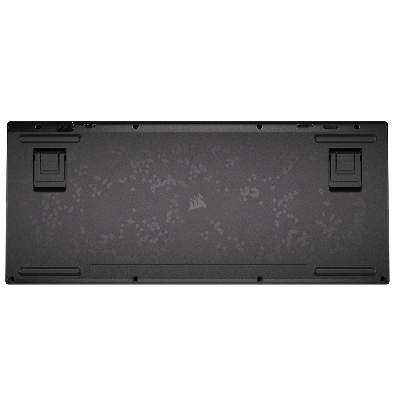 Black keyboard bottom view with support legs and patterned surface.