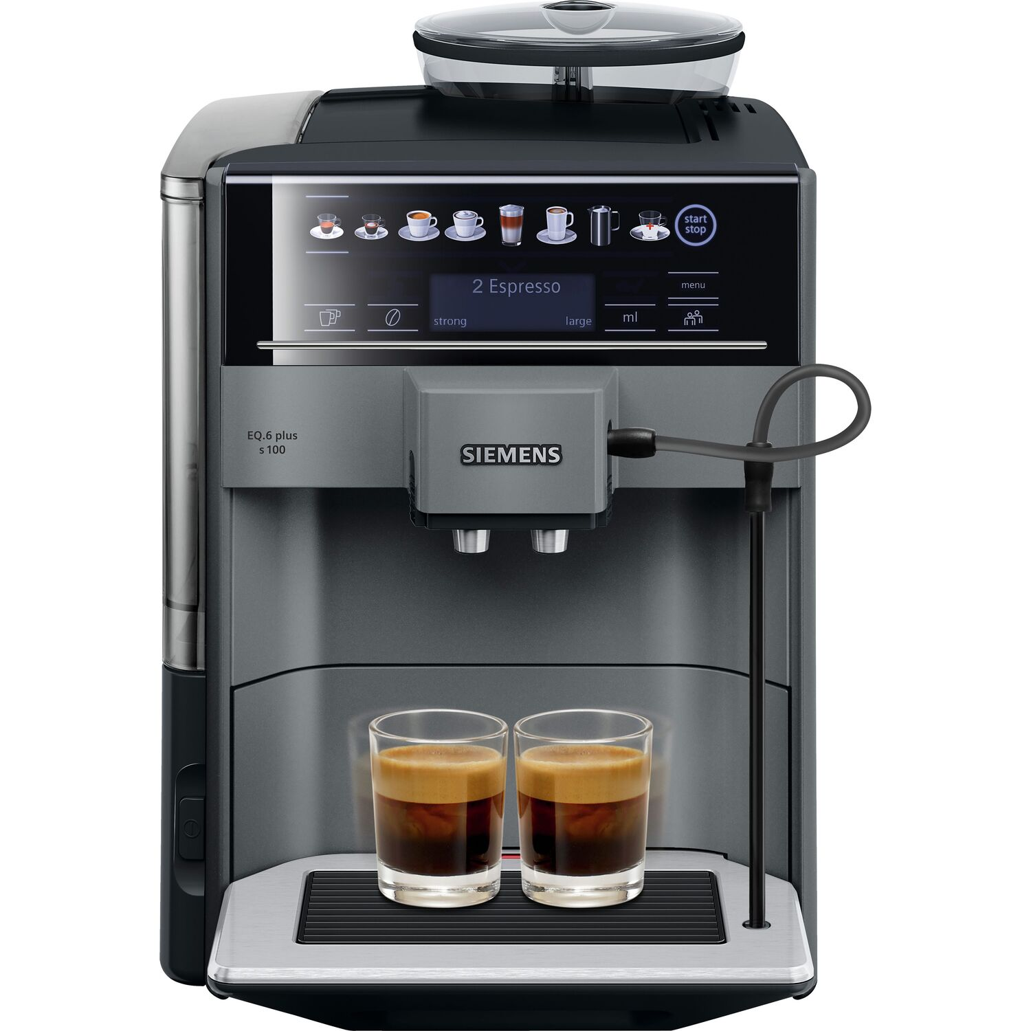 A coffee machine with two glasses of coffee. The display reads '2 Espresso'.