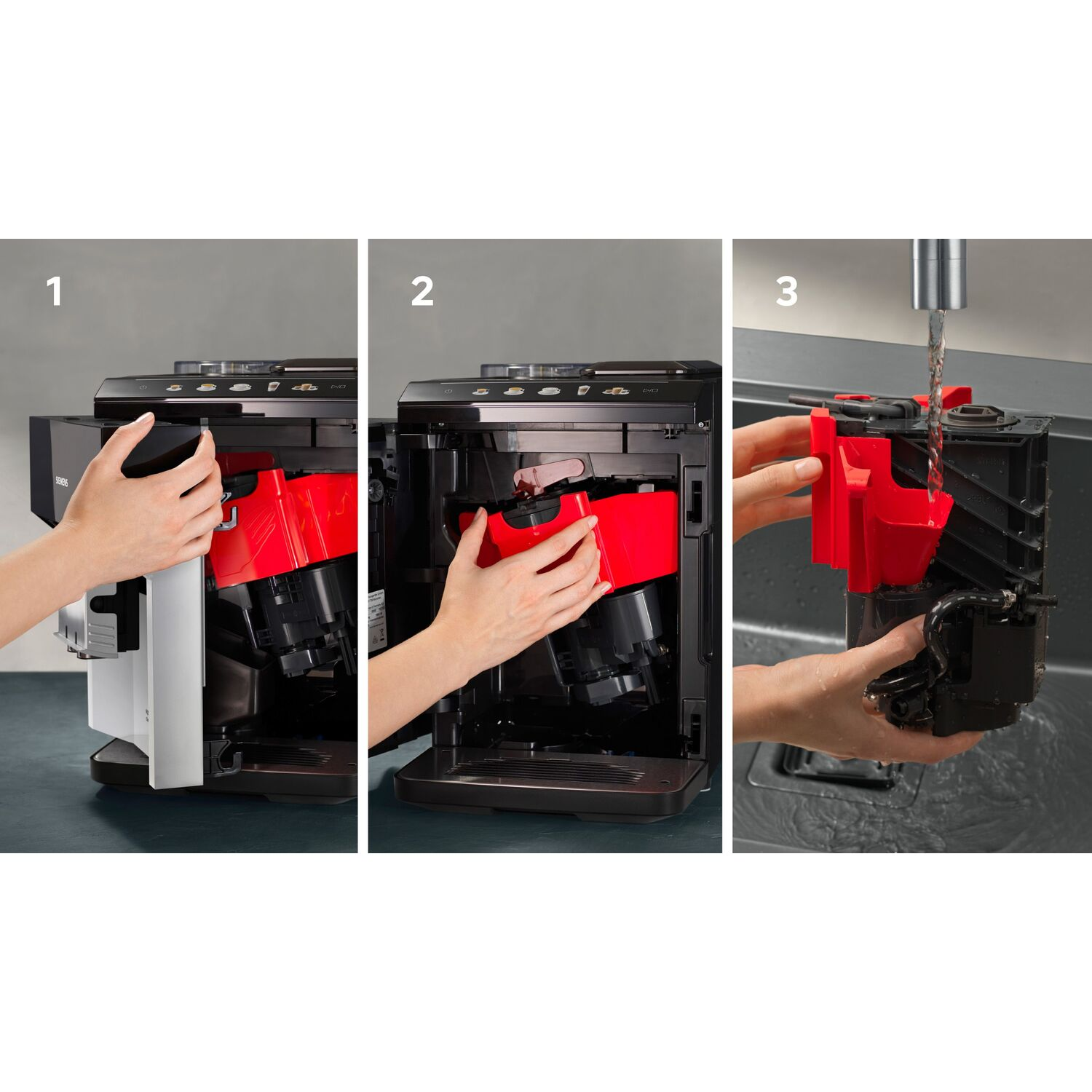 Une machine à café est démontée en trois étapes. Une pièce rouge est retirée et nettoyée à l'eau.