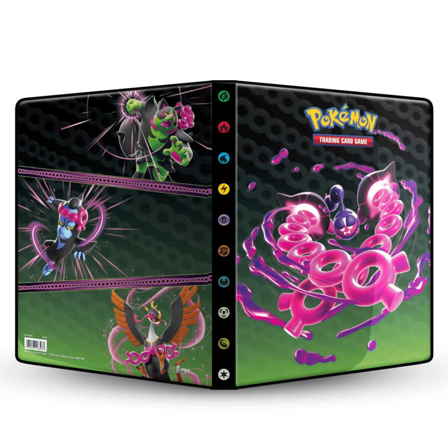 Pokemon card binder. Images of Pokemon on the front cover. Green and pink colors.