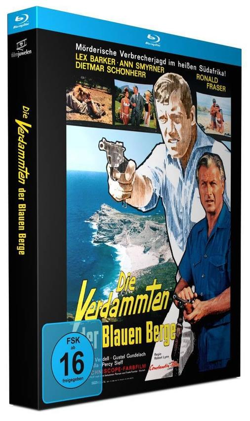 Blu-ray-Cover: 'Die Verdammten der Blauen Berge'. Zeigt Männer, Pistole und Meerblick.