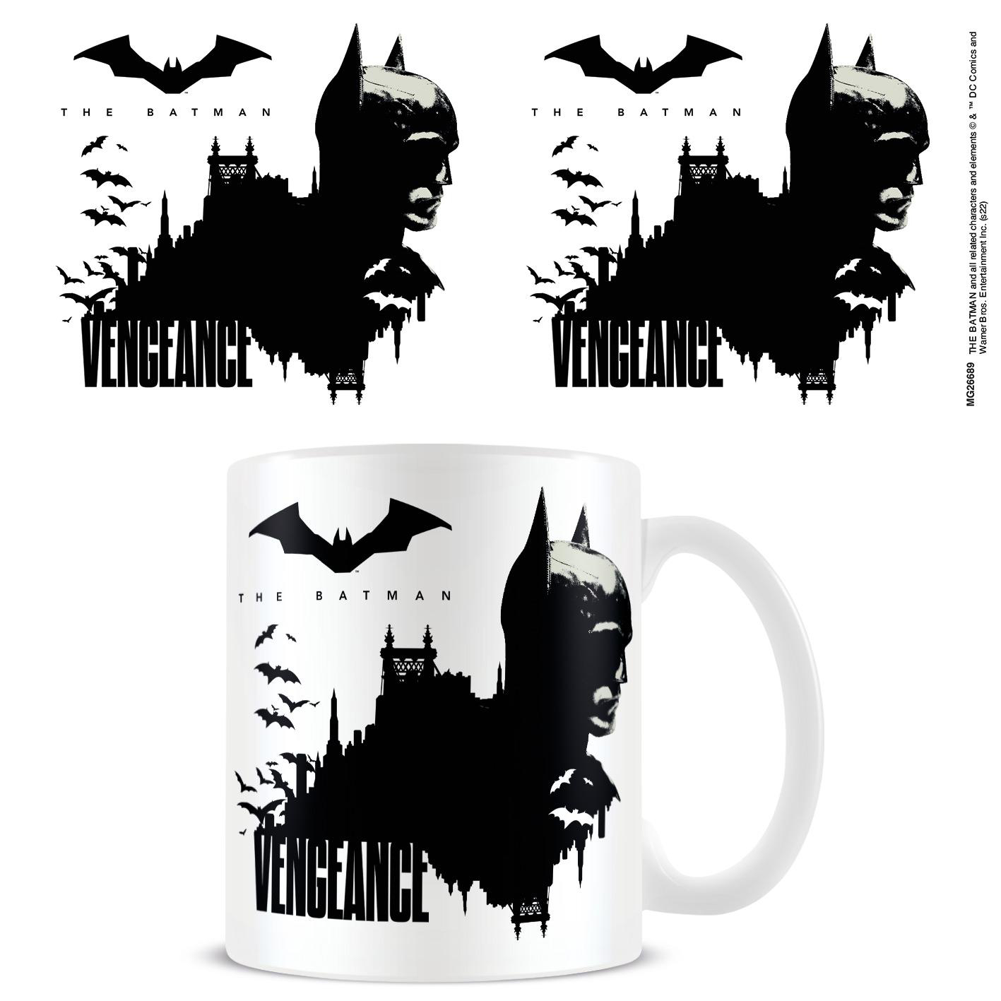 Batman-Bilder: Das Batman-Logo und die Silhouette auf einem weißen Becher.