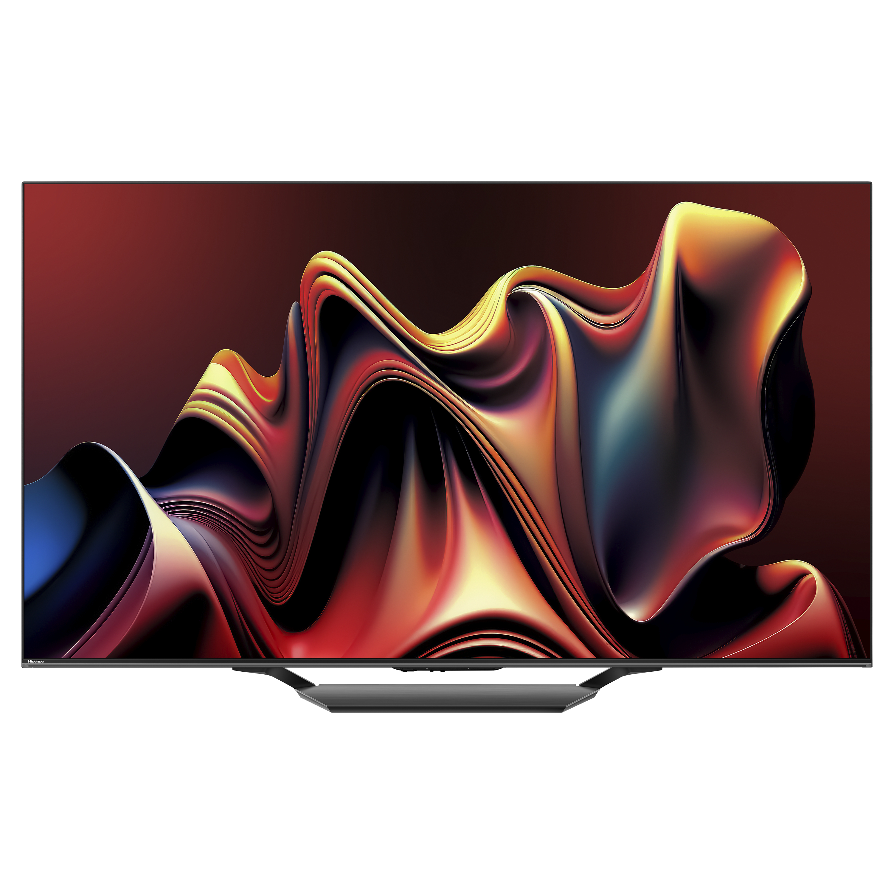 Ein großer Flachbildfernseher. Der Bildschirm zeigt ein abstraktes, farbenfrohes Wirbeldesign.