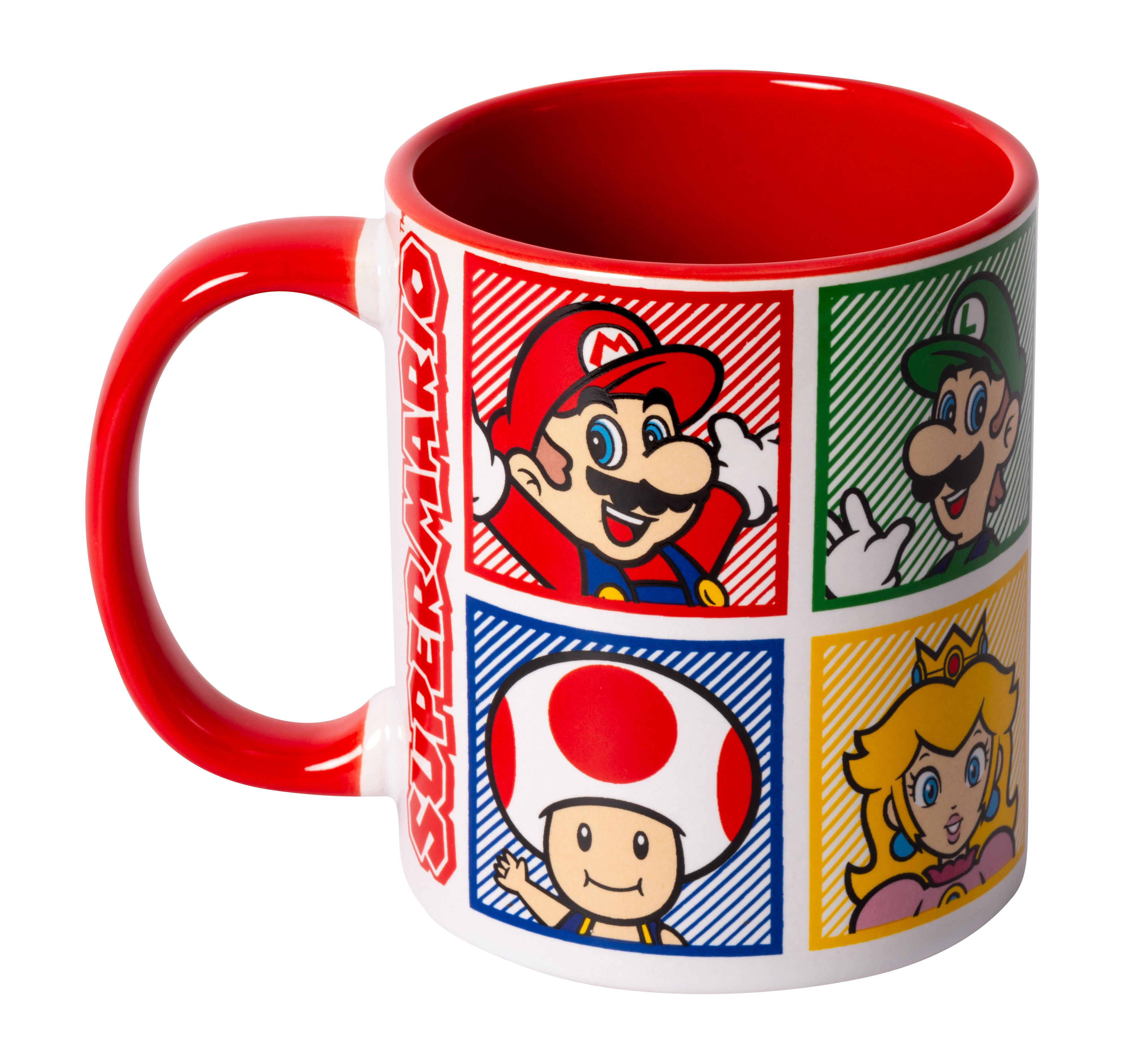 Mario-Tasse mit rotem Griff und Innenraum, mit Mario, Luigi, Peach und Toad in Comic-Panels.