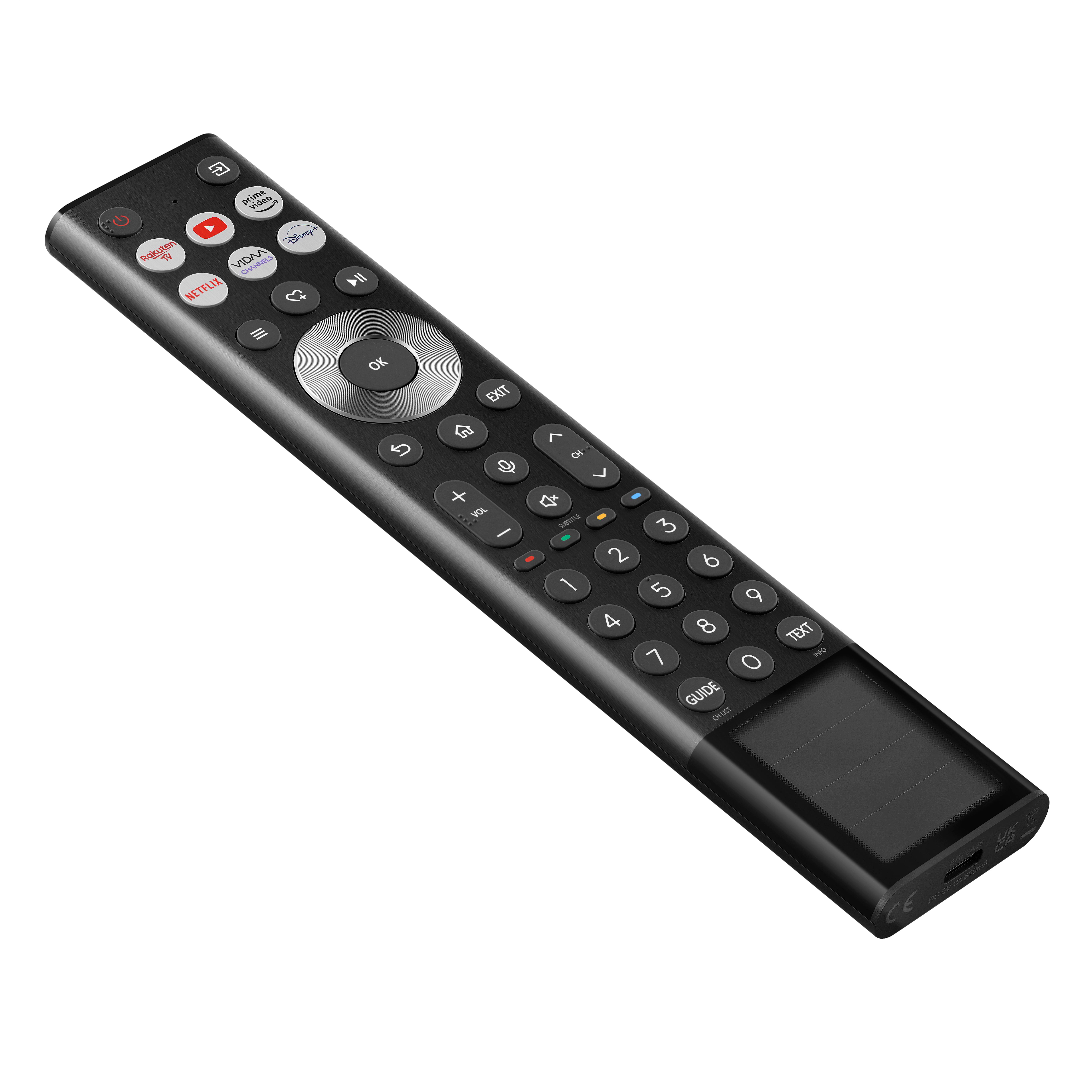 Schwarze TV-Fernbedienung mit Touchpad und vielen Tasten. Mit Ein-/Aus-, Lautstärke-Tasten.