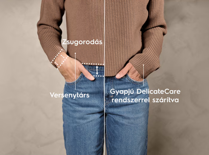 Egy személy farmernadrágban, szöveggel és vonalakkal, amelyek a nadrágon lévő méreteket jelzik.