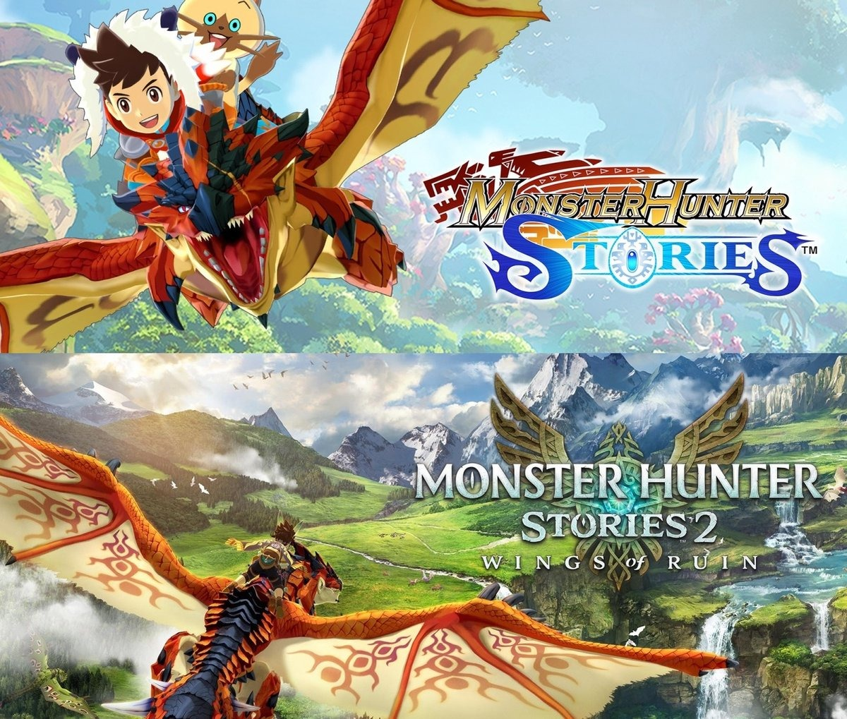Twee Monster Hunter Stories gamecovers. Eén toont een ruiter op een draak, de andere een logo.