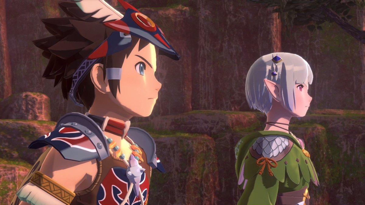 Twee anime-personages in een bos, een man en een vrouw, naast elkaar, wegkijkend.