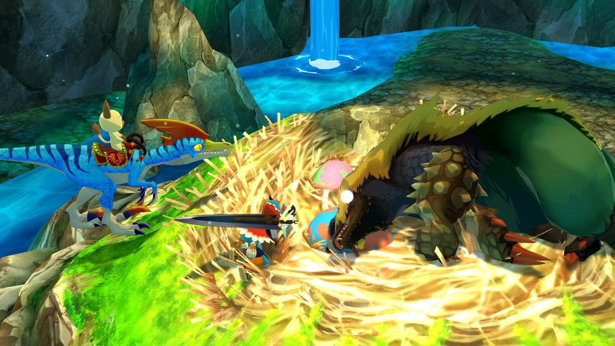 Een levendige game-scène met dinosaurusachtige wezens en spelers in een kleurrijke fantasie-omgeving.