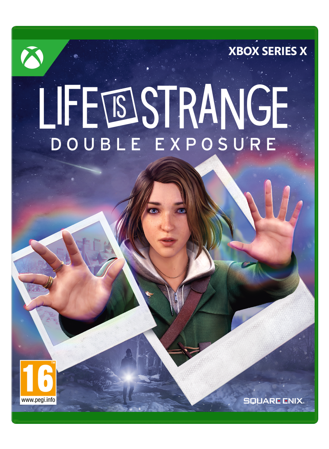 Caja del juego Life is Strange: Double Exposure. Una mujer está en el centro con las manos extendidas.