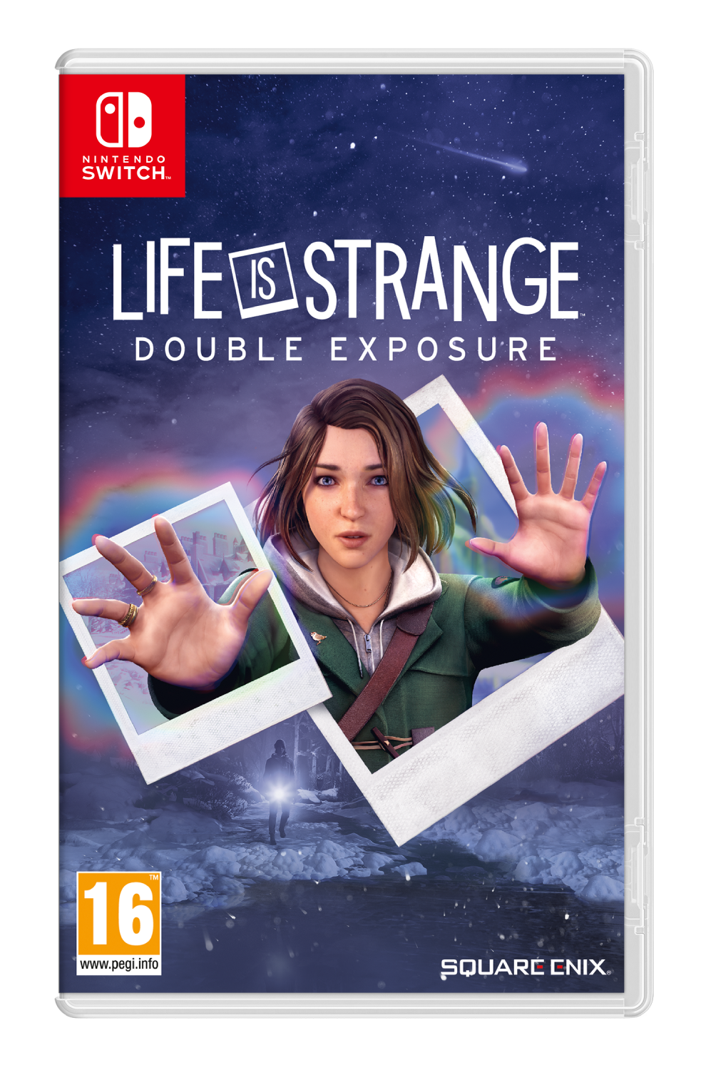Caja del juego Nintendo Switch: 'Life is Strange: Double Exposure'. Una chica en polaroids. Calificación: 16.