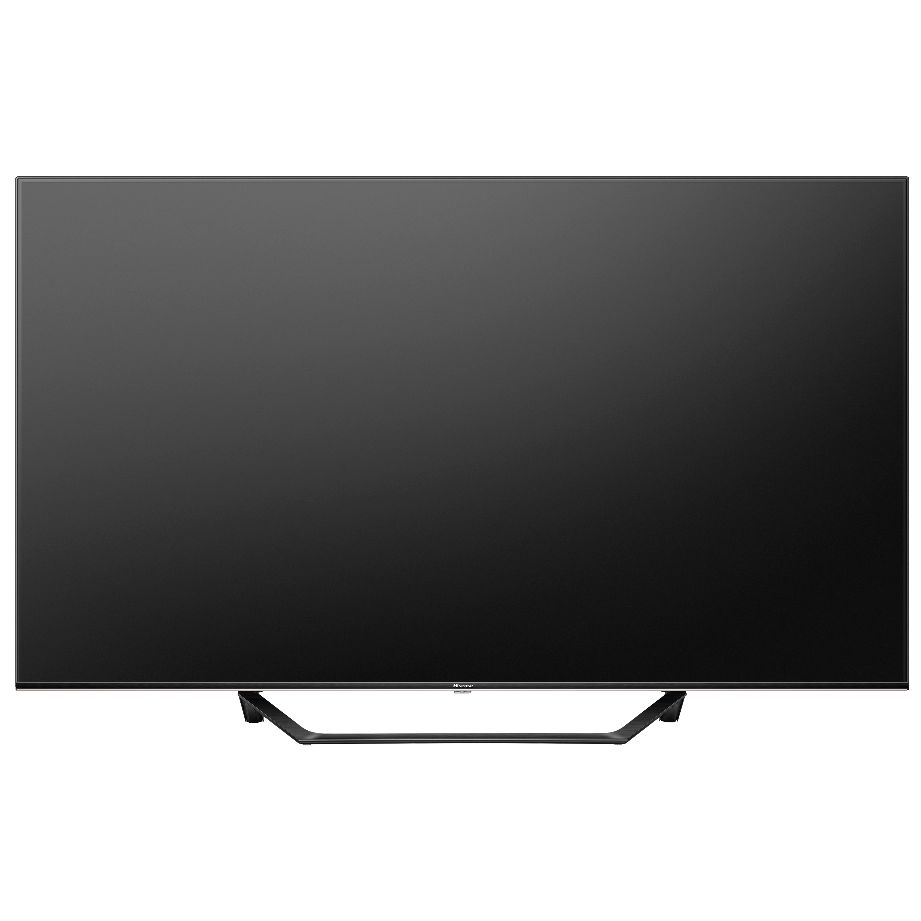 Ein schwarzer Hisense-Fernseher mit dünnem Rahmen und Ständer.