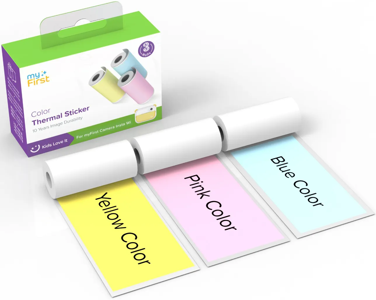 Rouleaux de papier thermique couleur avec des feuilles imprimées jaunes, roses et bleues en dessous.