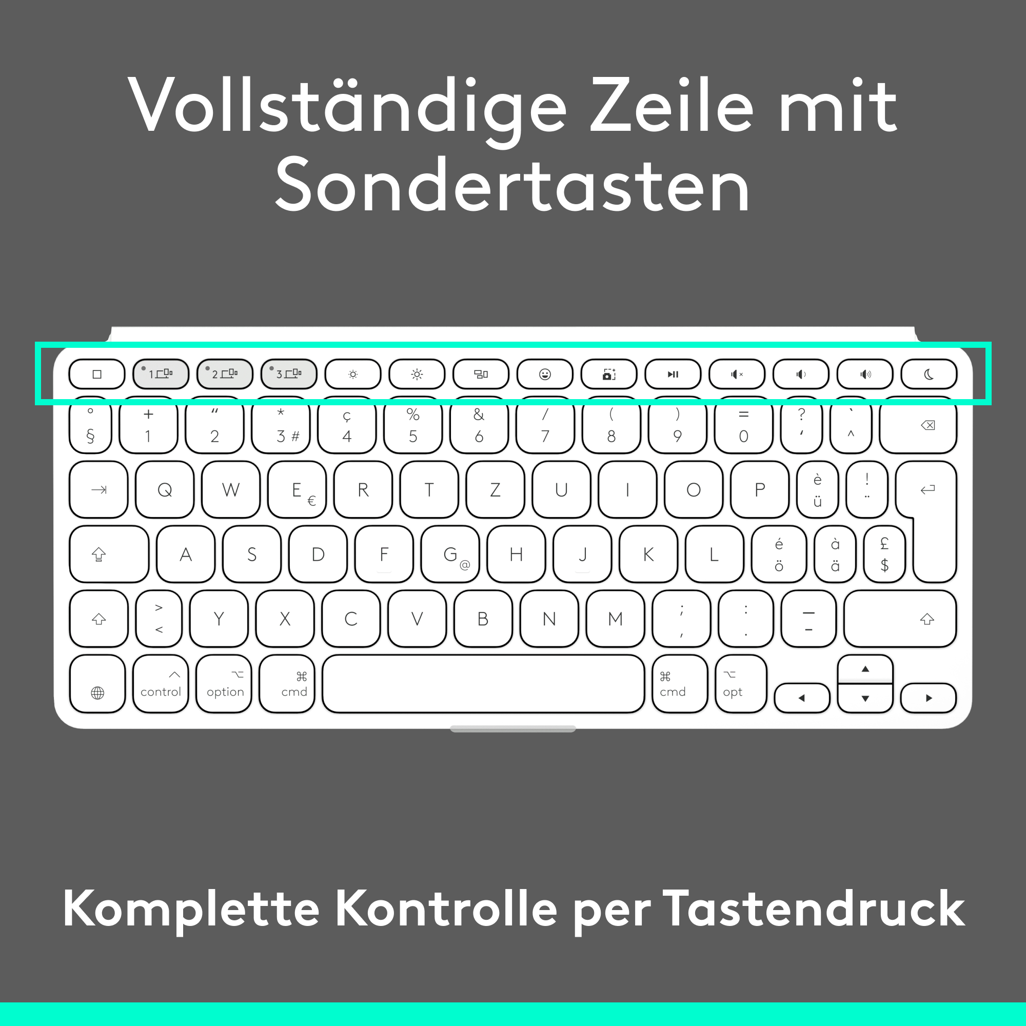 Eine Tastatur mit Sondertasten. Text: Vollständige Zeile mit Sondertasten. Komplette Kontrolle per Tastendruck.