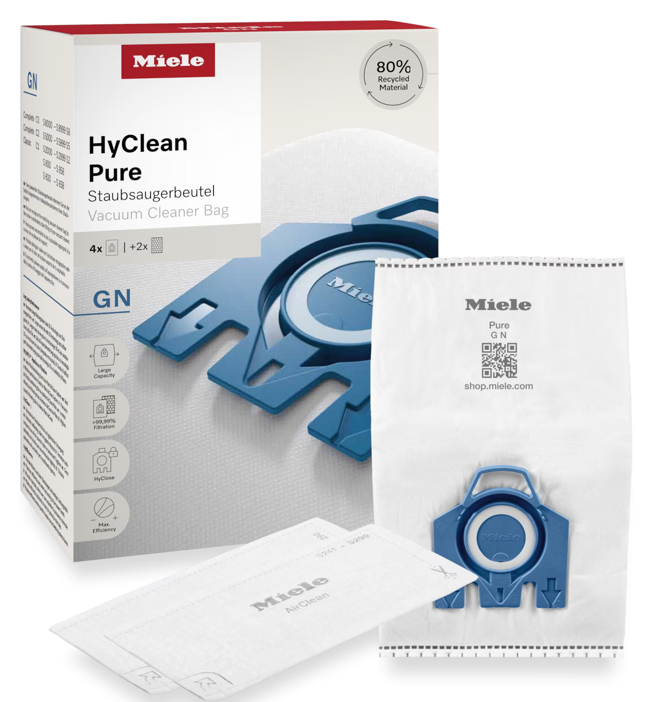 Worek do odkurzacza Miele HyClean Pure, pudełko i dwa worki, ze znakowaniem i szczegółami.