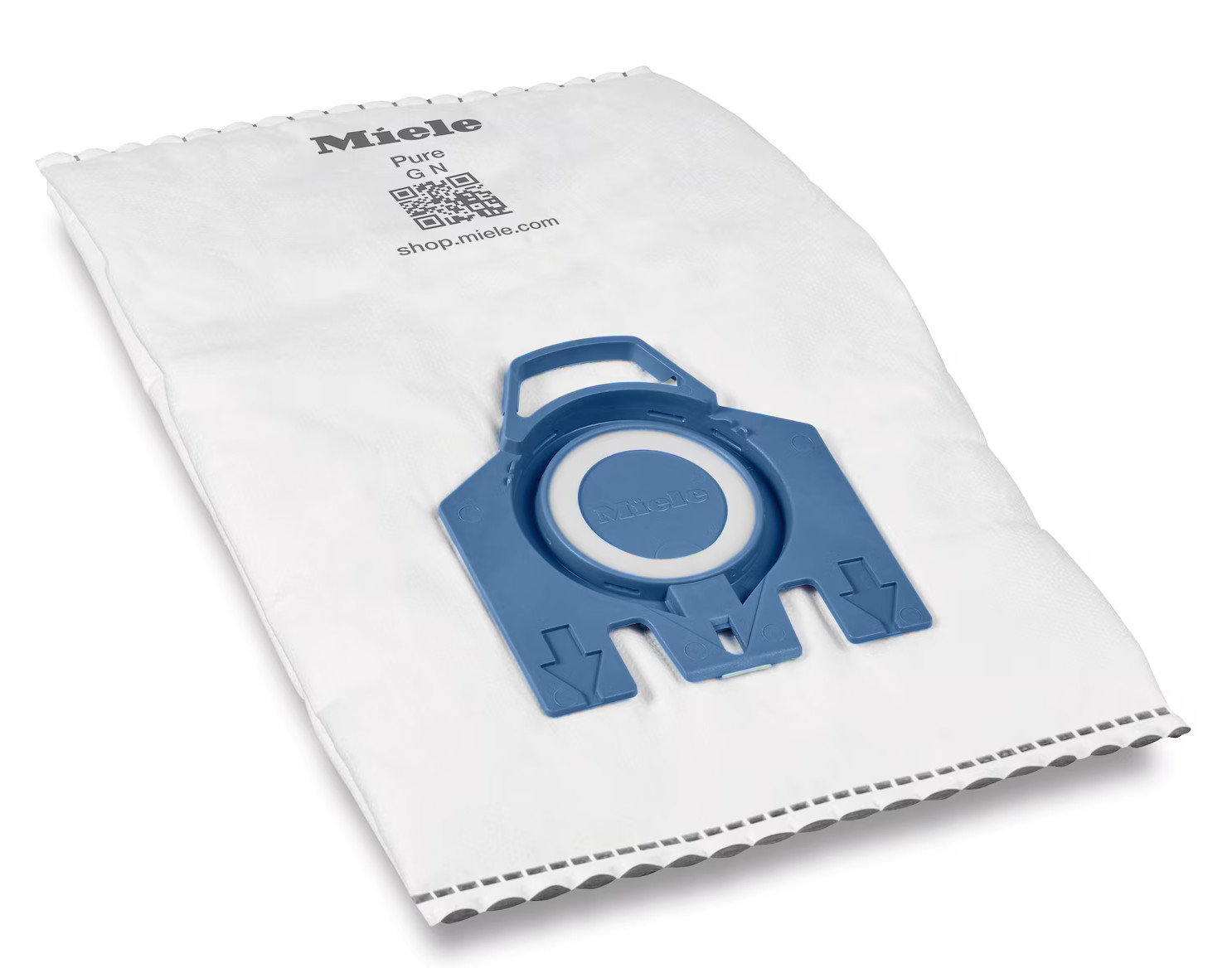 Worek do odkurzacza Miele Pure GN, biały z niebieskim mocowaniem, na białym tle.