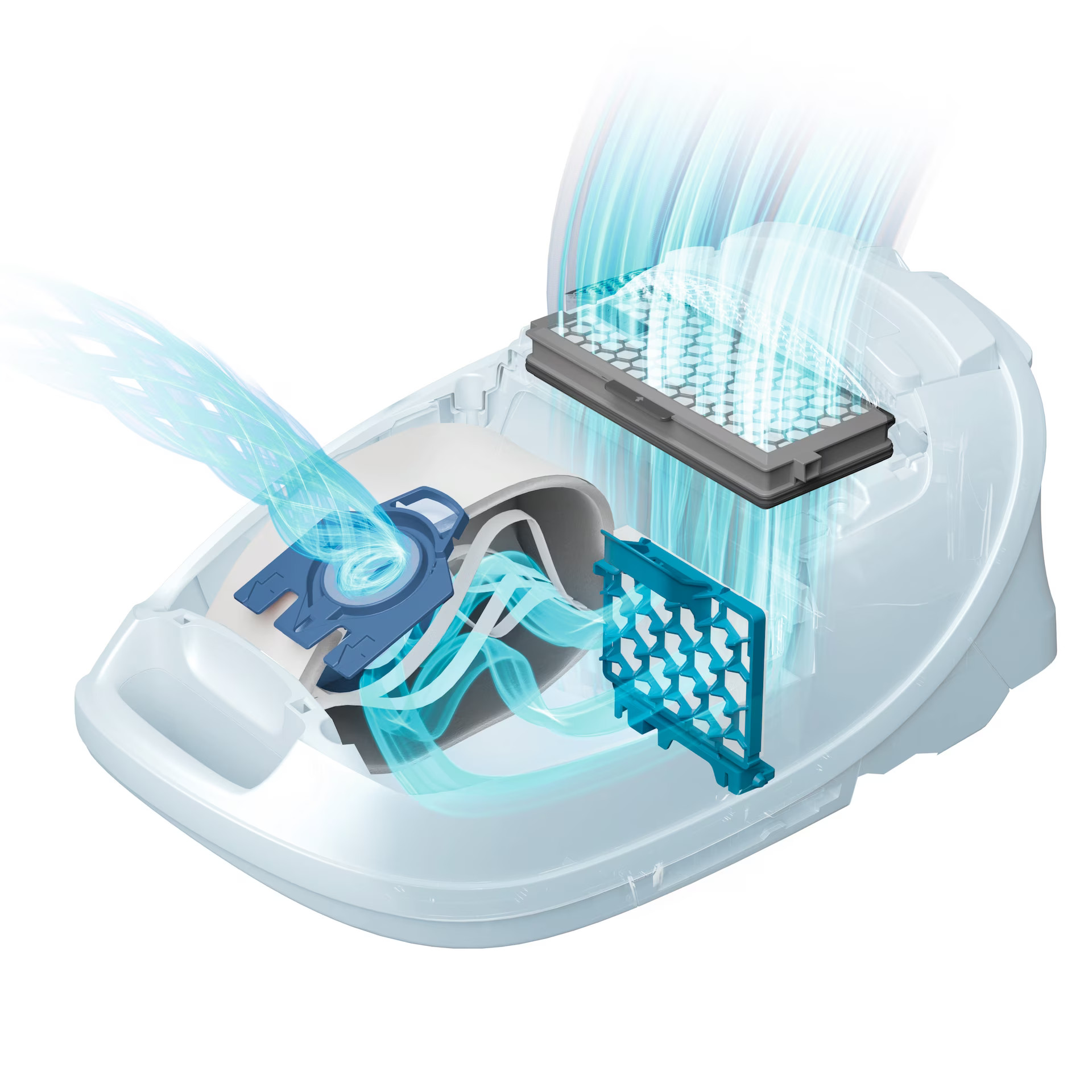 Odkurzacz w działaniu. Pokazano niebieski przepływ powietrza. Widoczny filtr i worek na kurz.