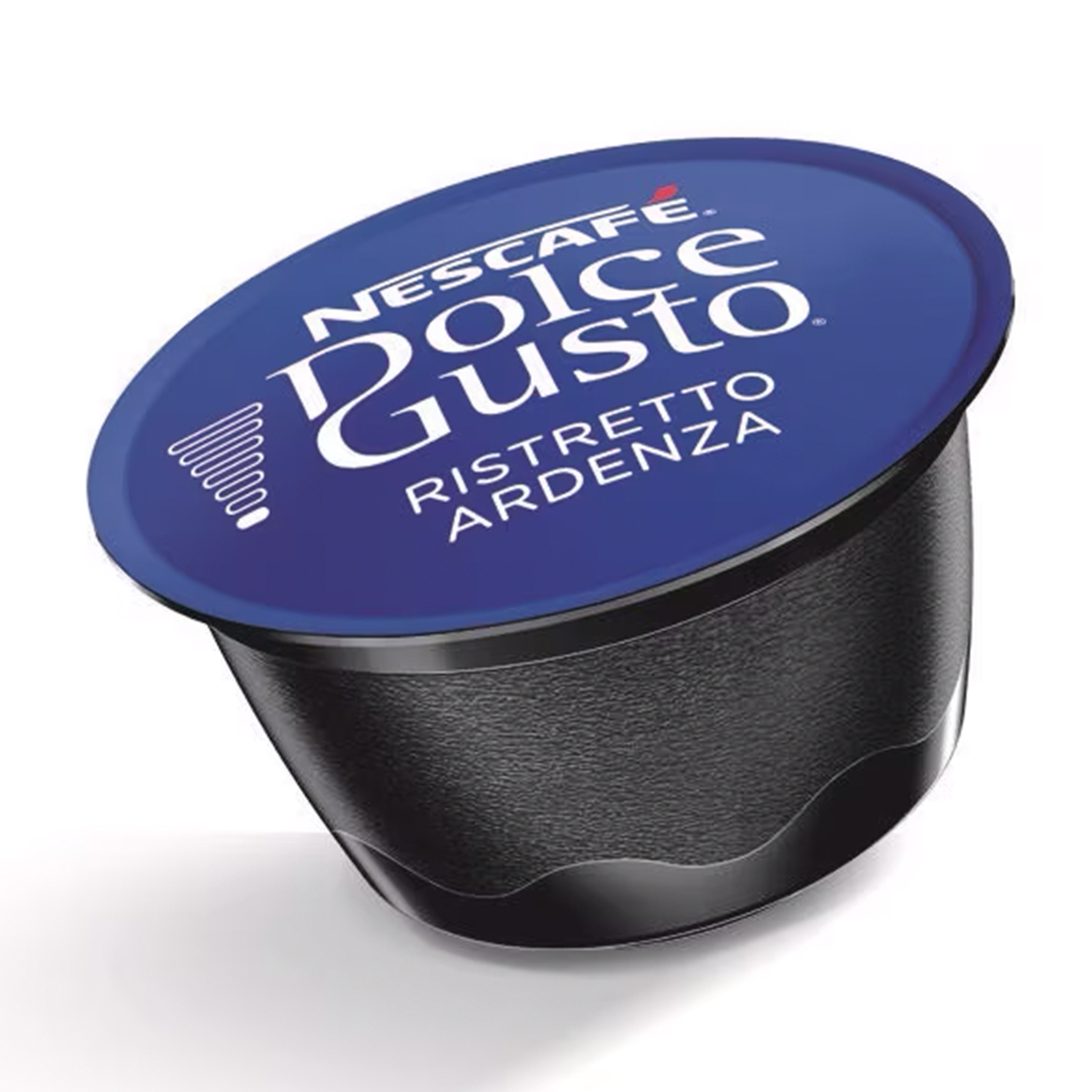 Capsula di caffè Nescafé Dolce Gusto blu e nera, con testo e sfondo bianco.
