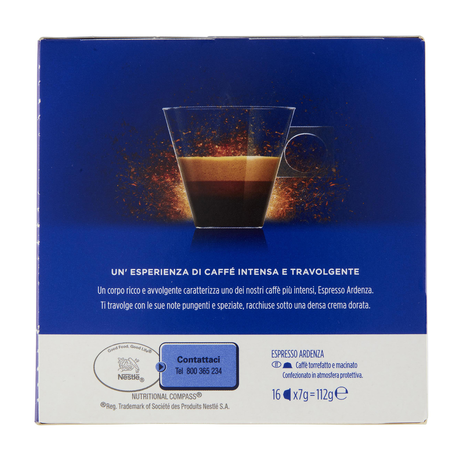 Confezione di caffè, blu scuro, con illustrazione di tazza e testo.