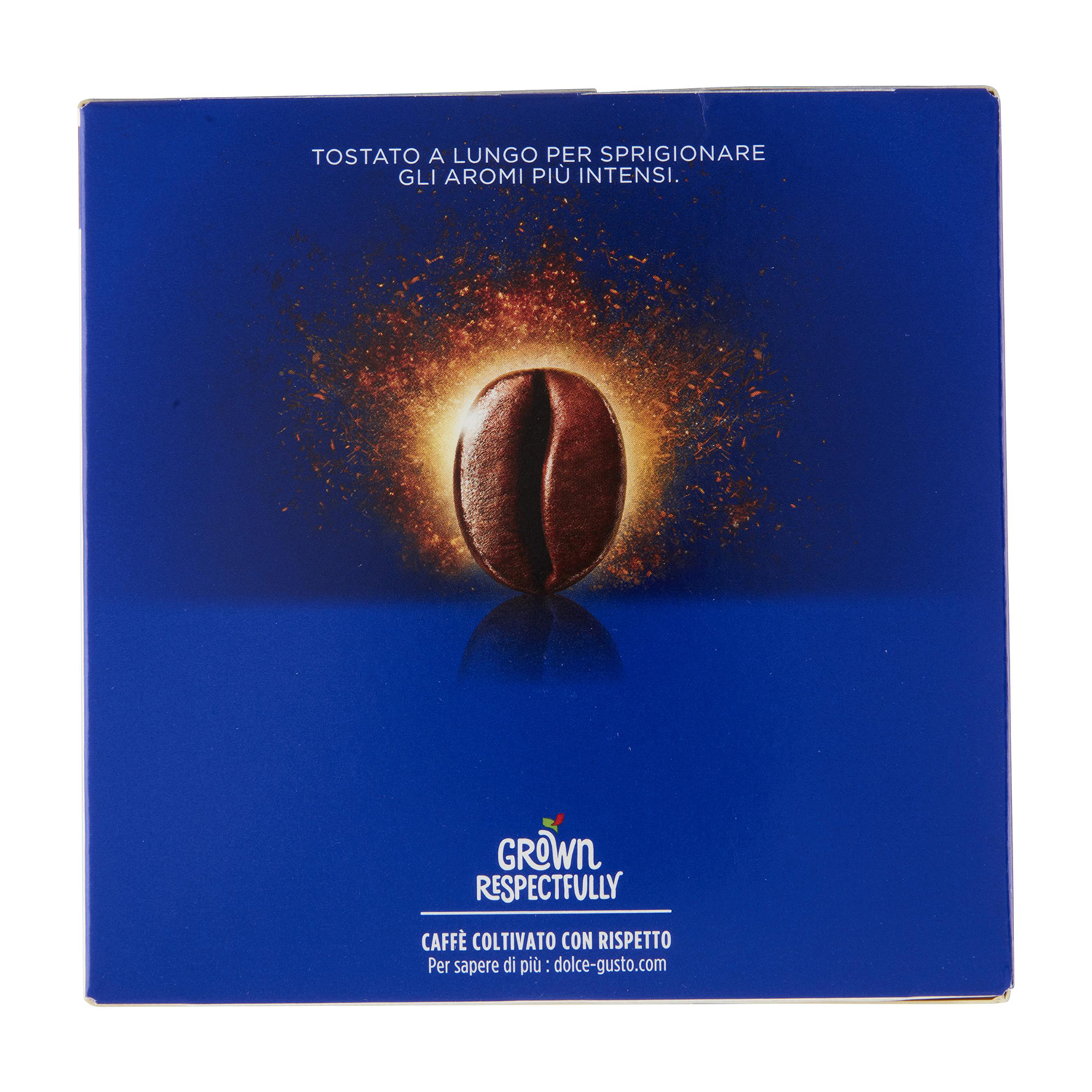 Un chicco di caffè con luce brillante, su sfondo blu.