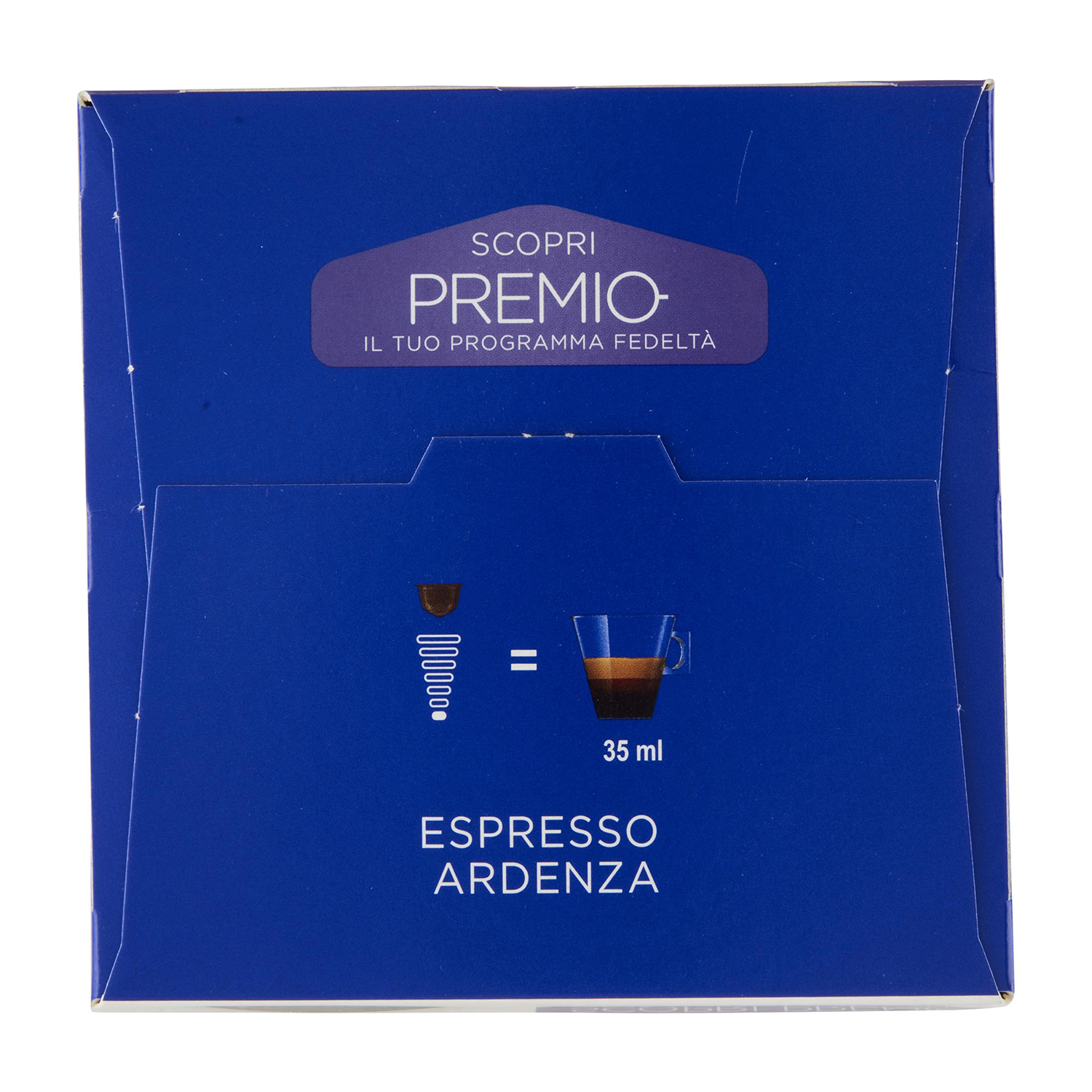 Scatola blu con testo, che mostra la preparazione dell'espresso utilizzando una capsula e una tazza con il testo Espresso Ardenza.