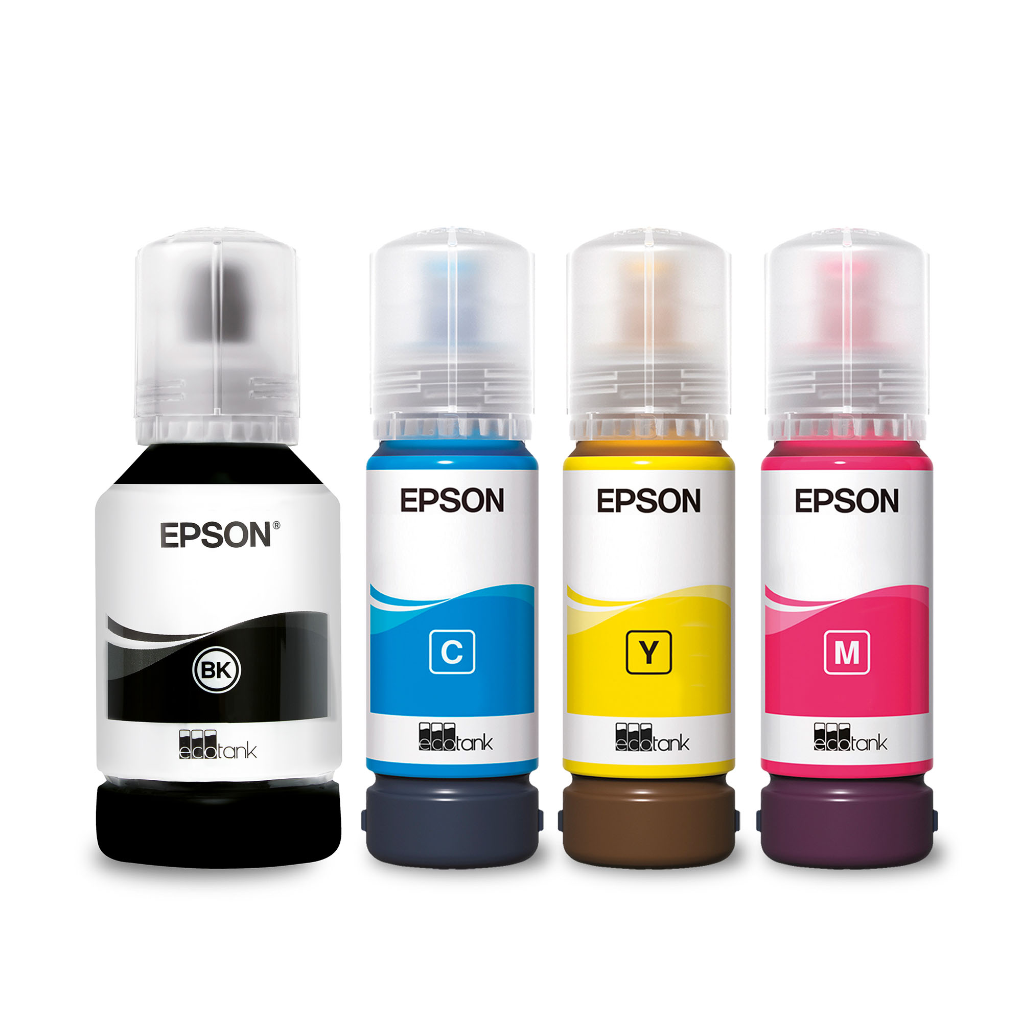 Vier Epson-Tintenflaschen: Schwarz, Cyan, Gelb und Magenta, beschriftet BK, C, Y, M.