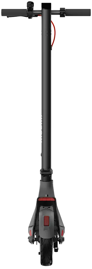 Une trottinette électrique, vue de l'arrière. Elle est noire avec un feu stop rouge et une barre verticale.