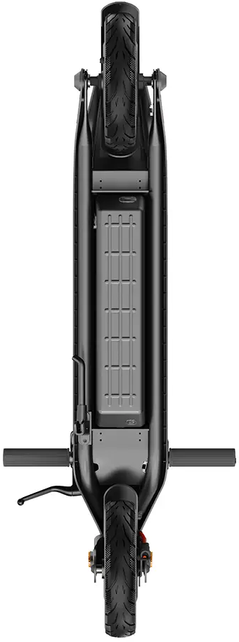 Trottinette électrique noire, vue de dessus. Guidon, roues et batterie visibles.