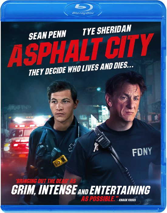 Filmaffiche voor Asphalt City. Twee mannen staan voor een auto en een brandweerwagen.
