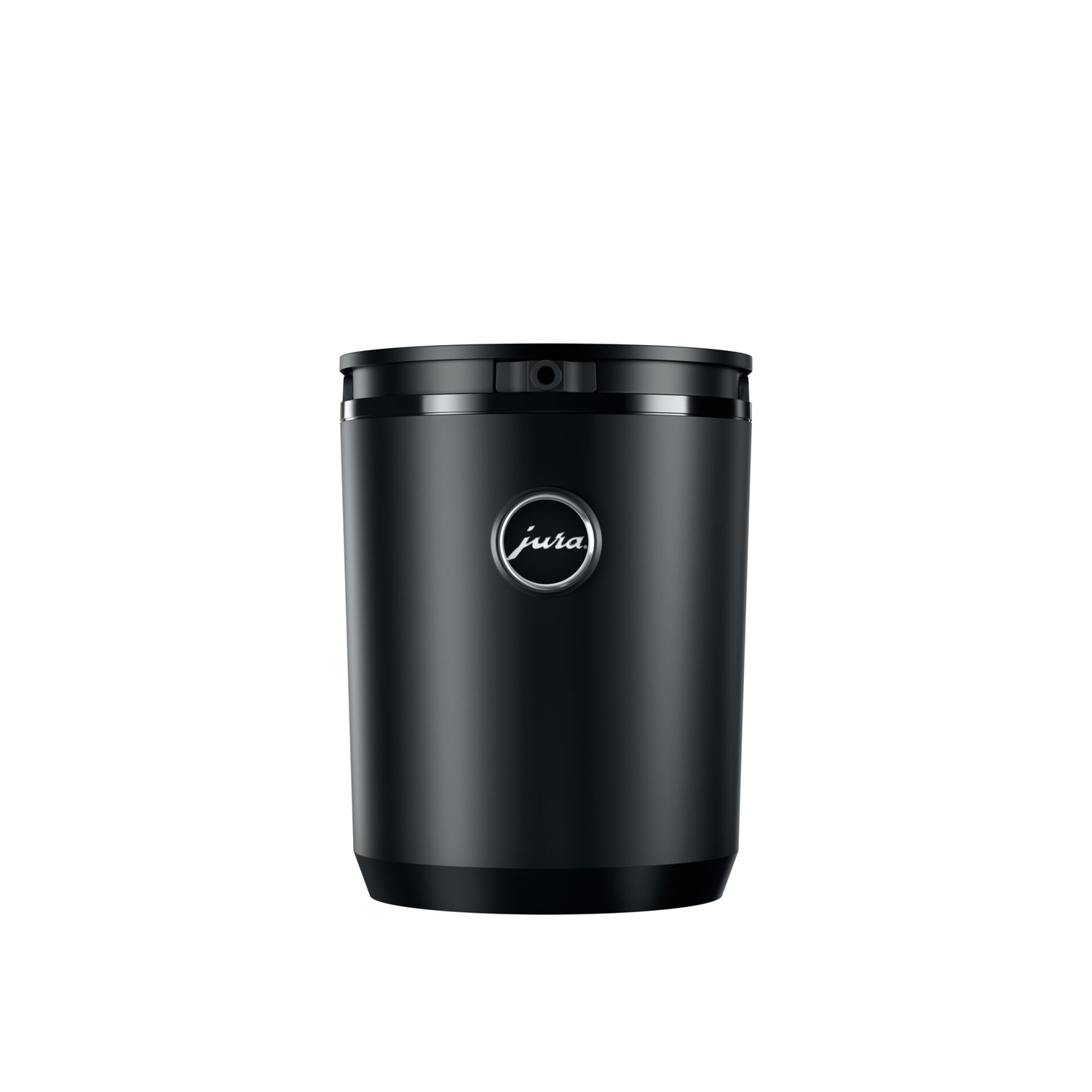 Black Jura coffee machine accessory with a silver logo. Cylindrical shape.