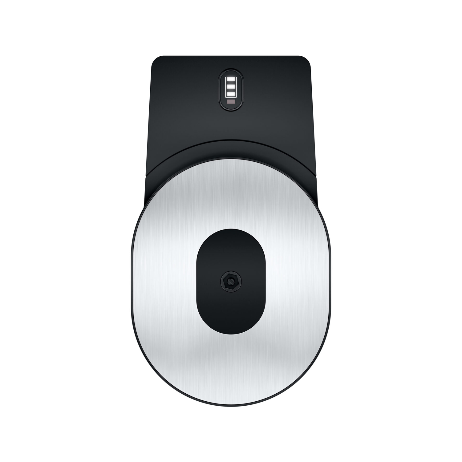 Black charging station. Circular silver disc on top. Top view.
