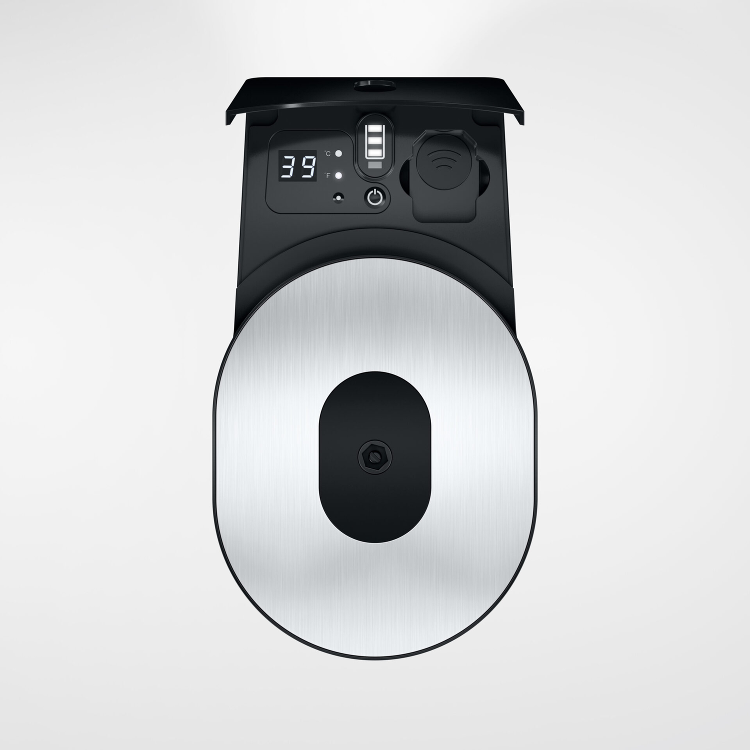 Robot vacuum cleaner, top view, with digital display showing 39 and battery.