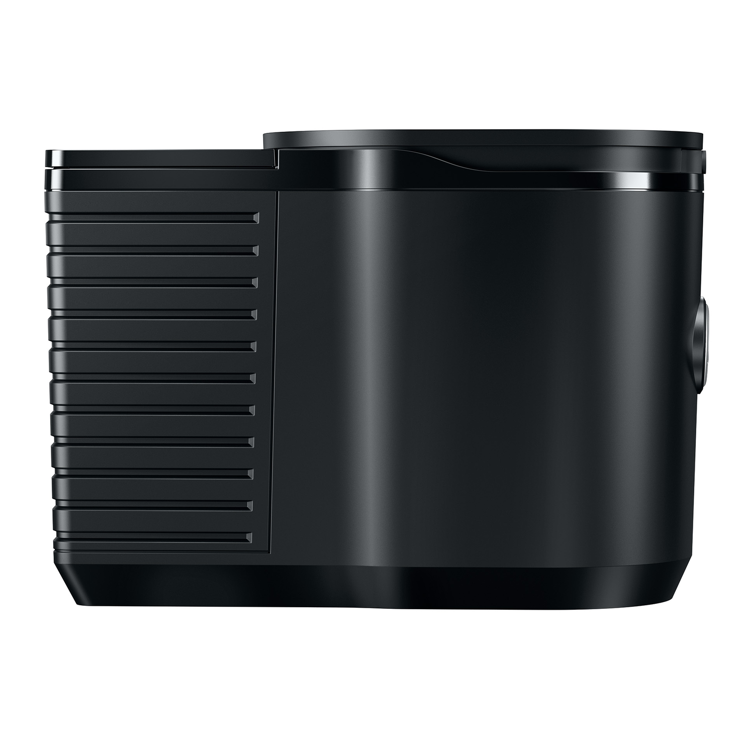 Black cylindrical object with ribbed side.