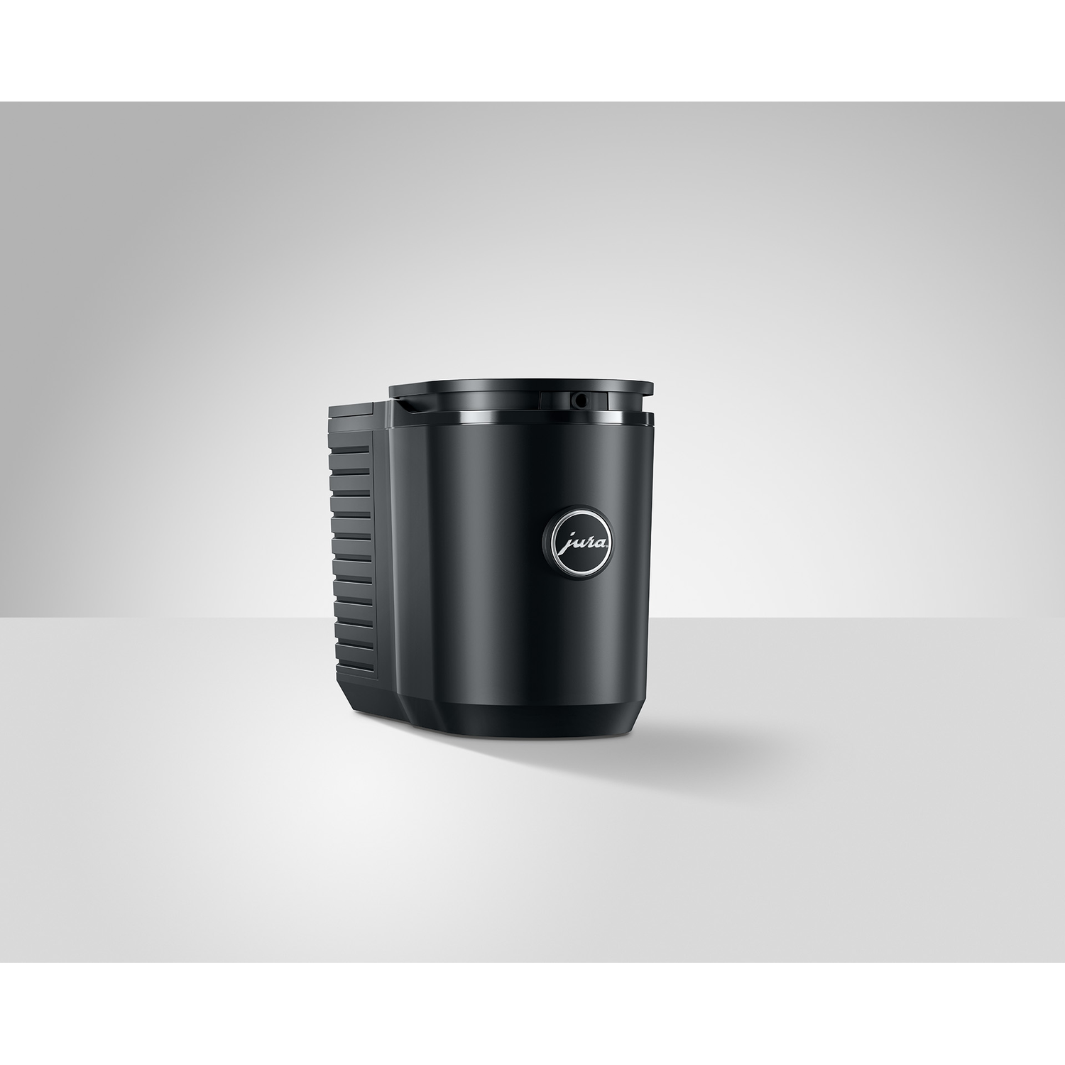 A black cylinder-shaped device with a logo. The background is white.