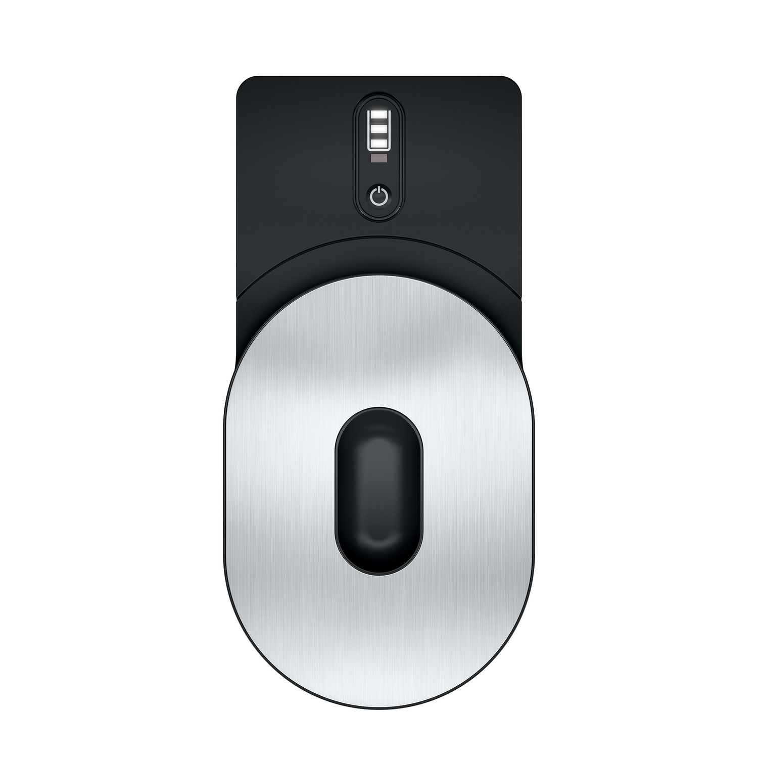 Black and silver charging station. Top view, showing charging indicator and power button.