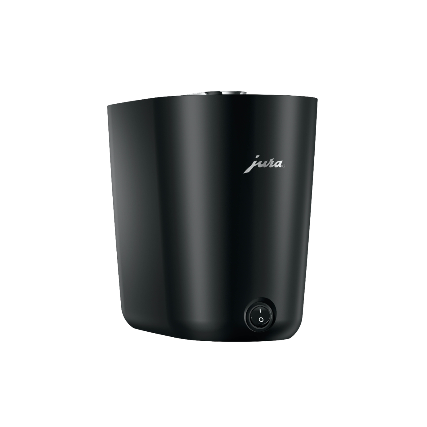 Zwarte Jura koffiemachine. Aan/uit-knop aan de voorkant. Jura-logo op de zijkant. Zwarte achtergrond.