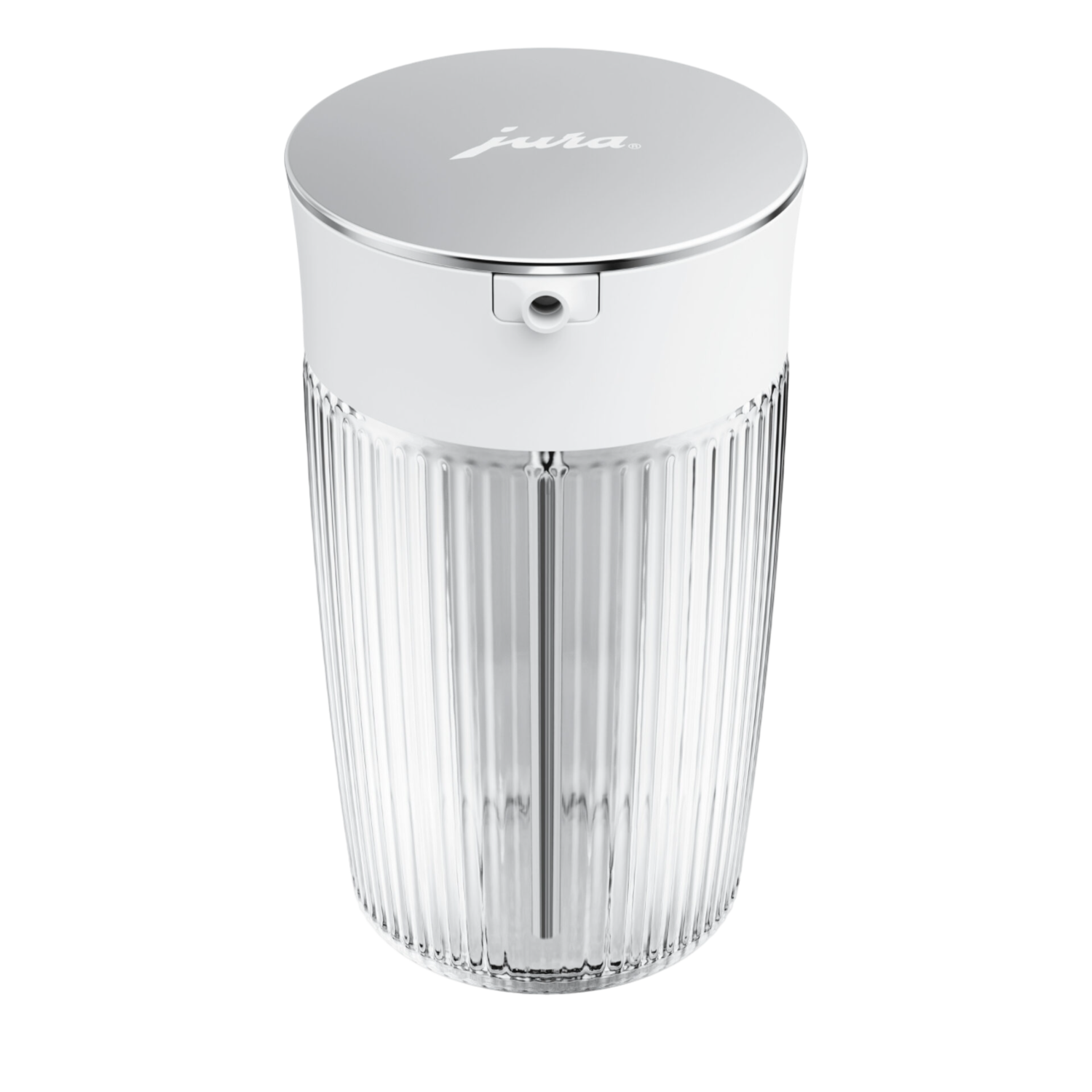 Witte Jura koffiemachine. Zilveren bovenkant en transparante, geribbelde watercontainer. Zwarte achtergrond.