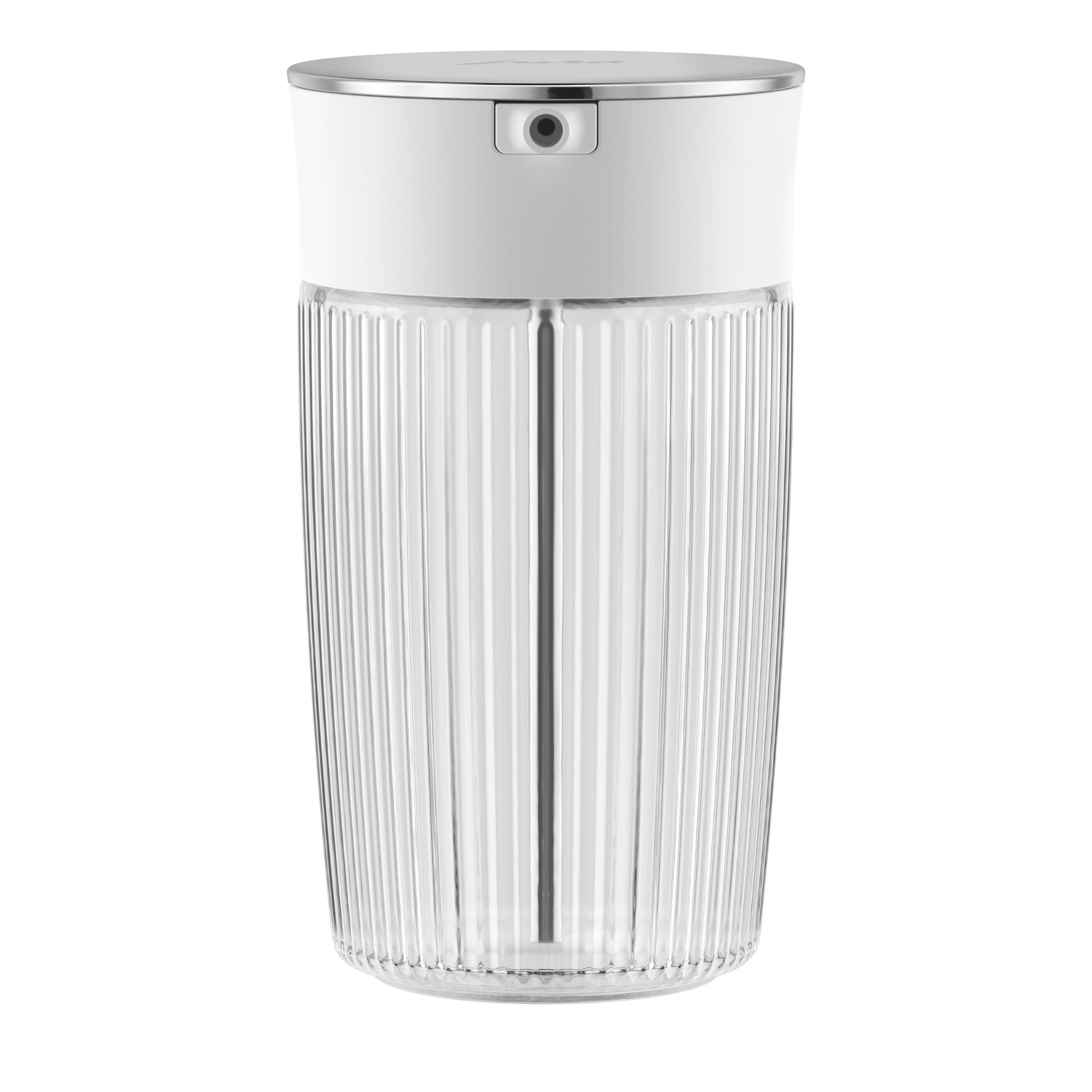 Witte en transparante glazen container met een zilveren deksel. Verticale lijnen.
