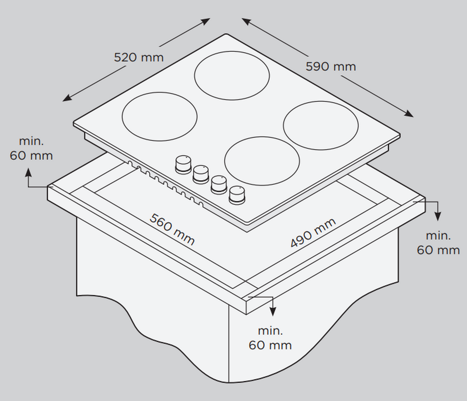 Un diagrama que muestra dimensiones y medidas para la instalación de una placa de cocina.